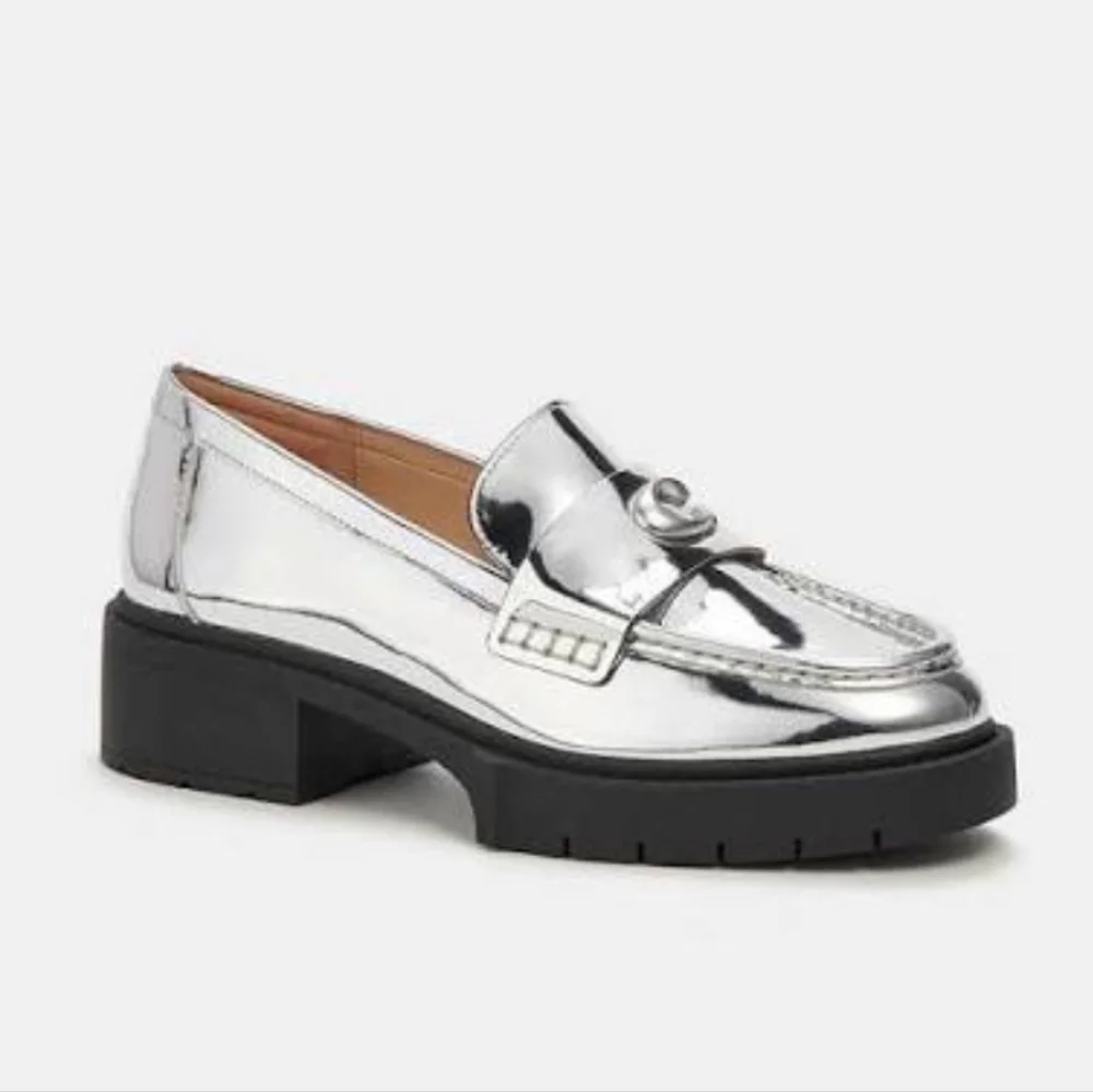 Coach Metallic Silver Chunky Heeled Loafers - Picture 2 of 7